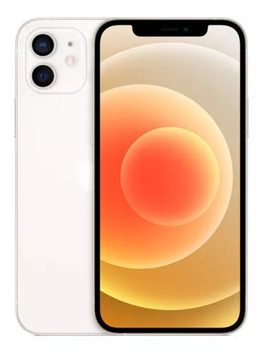 iPhone 12 in white with 128 GB storage, 6.1-inch screen, and dual rear cameras.