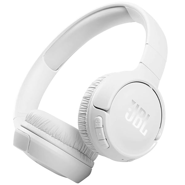 Wireless JBL TUNE 510BT headphones in white with cushioned ear pads and headband.