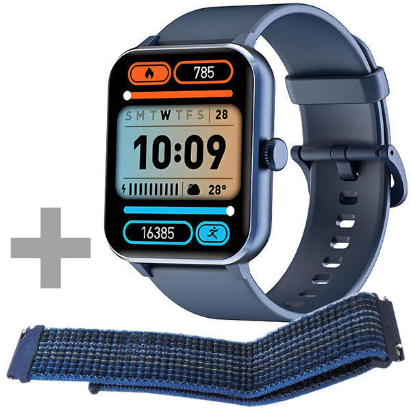 Smartwatch Blackview R50 with black adjustable strap and extra strap, Bluetooth connectivity, integrated microphone and speaker.