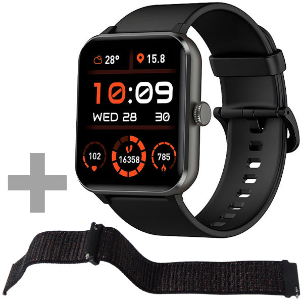 Smartwatch Blackview R50 with Bluetooth and adjustable strap, black, includes extra strap, TFT display, integrated microphone and speaker.