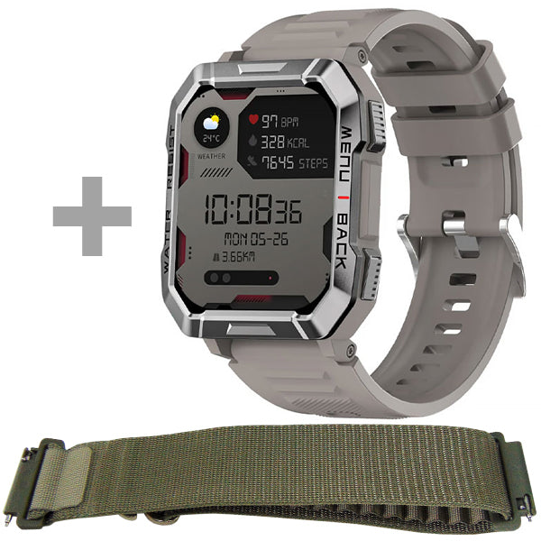 Smartwatch Blackview W60 in khaki with Bluetooth connectivity, extra strap, and integrated speaker.