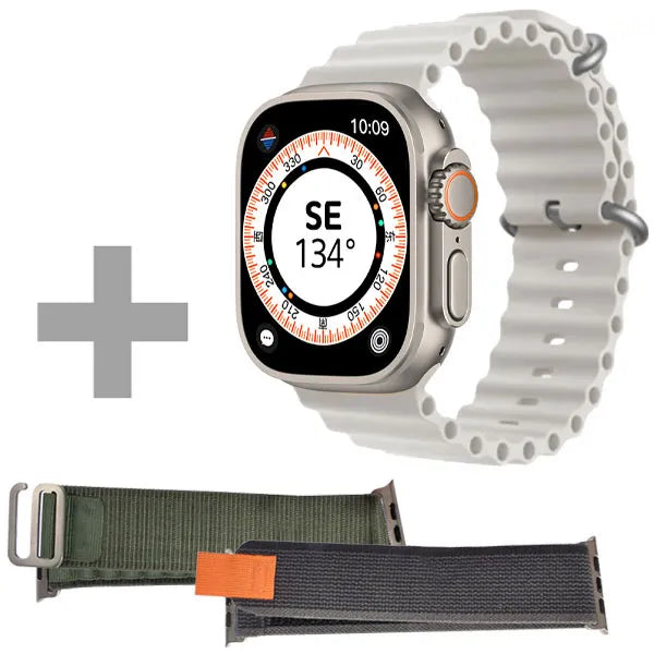 Smartwatch Blulory Ultra Max 49 mm in gray beige with Bluetooth plus two additional straps.