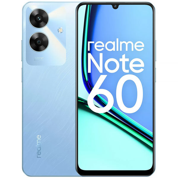 realme Note 60 smartphone, Voyage Blue, 6.74" display, dual cameras, 128GB storage.