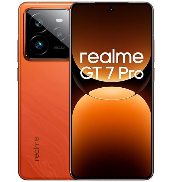 Realme GT 7 Pro smartphone with large display and triple rear cameras in Galaxy Grey.