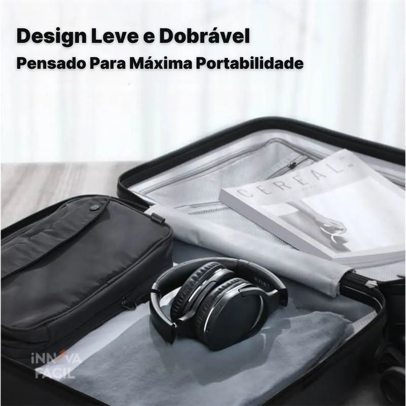 Lightweight and foldable Baseus Pro wireless headphones in a travel bag, designed for portability.