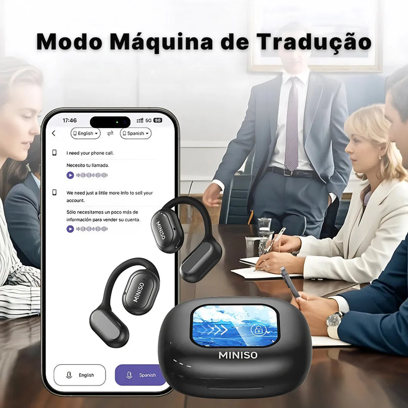 Fone Bluetooth Miniso with touch screen and translation mode in business meeting setting.