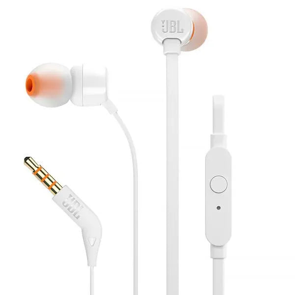 Fone de Ouvido JBL TUNE110 branco com microfone e cabo de 1.1 metros.