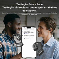 Fone Bluetooth Miniso Tradutor com tela touch em uso durante tradução bidirecional em tempo real.