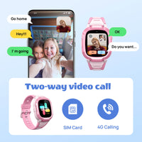 Mibro Kids P6 smartwatch with video call feature and pink strap, showcasing SIM card and 4G calling capabilities.