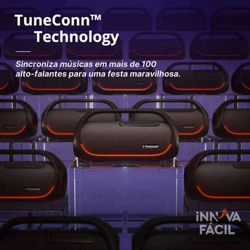Caixa de Som Tronsmart Bang com múltiplos alto-falantes e iluminação LED, destacando tecnologia TuneConn para sincronização musical.