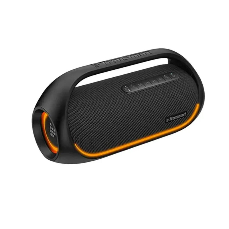 Caixa de Som Tronsmart Bang 60W com SoundPulse e Bluetooth 5.3, à prova d'água IPX6, preta com LED laranja.