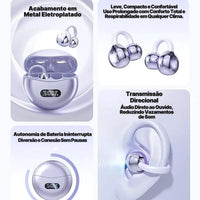 Fone Bluetooth FreeClips Open Ear com acabamento em metal, confortável e moderno.