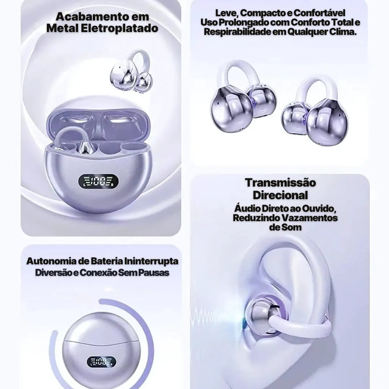 Fone Bluetooth FreeClips Open Ear com acabamento em metal, confortável e moderno.