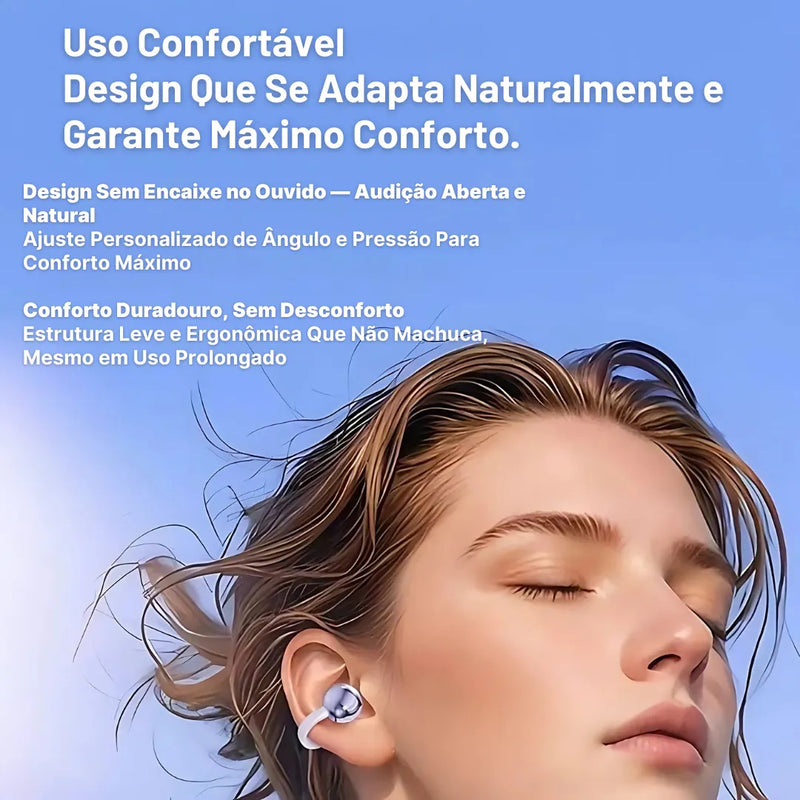 Bluetooth earphones worn by a person showcasing comfortable open-ear design against a blue sky background.