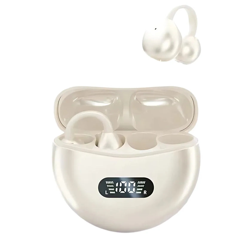 Bluetooth FreeClips open ear headphones with charging case, modern design.