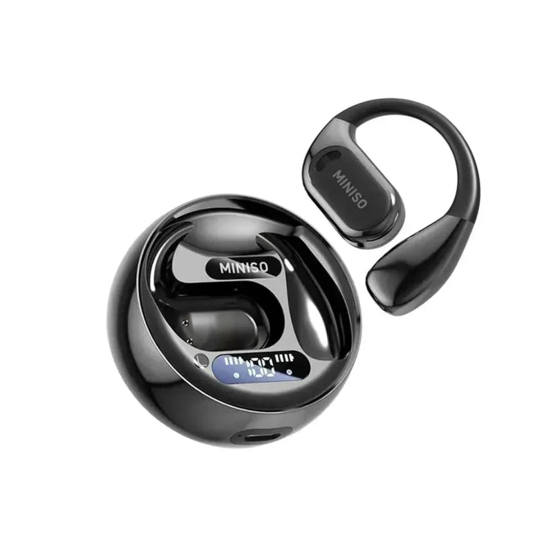 Fone Bluetooth Miniso MS169 with open-ear design and charging case.