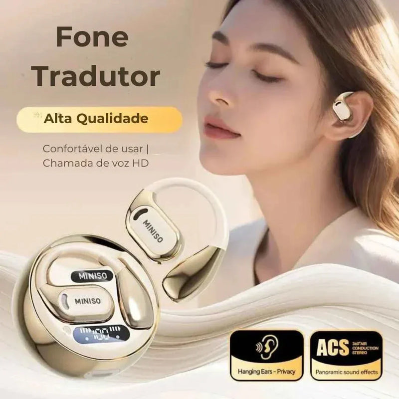 Bluetooth headphones Miniso MS169 with charging case and user listening.