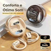 Fone Bluetooth Miniso MS169 with open-ear design and charging case on wooden surface, showcasing comfort and quality sound.