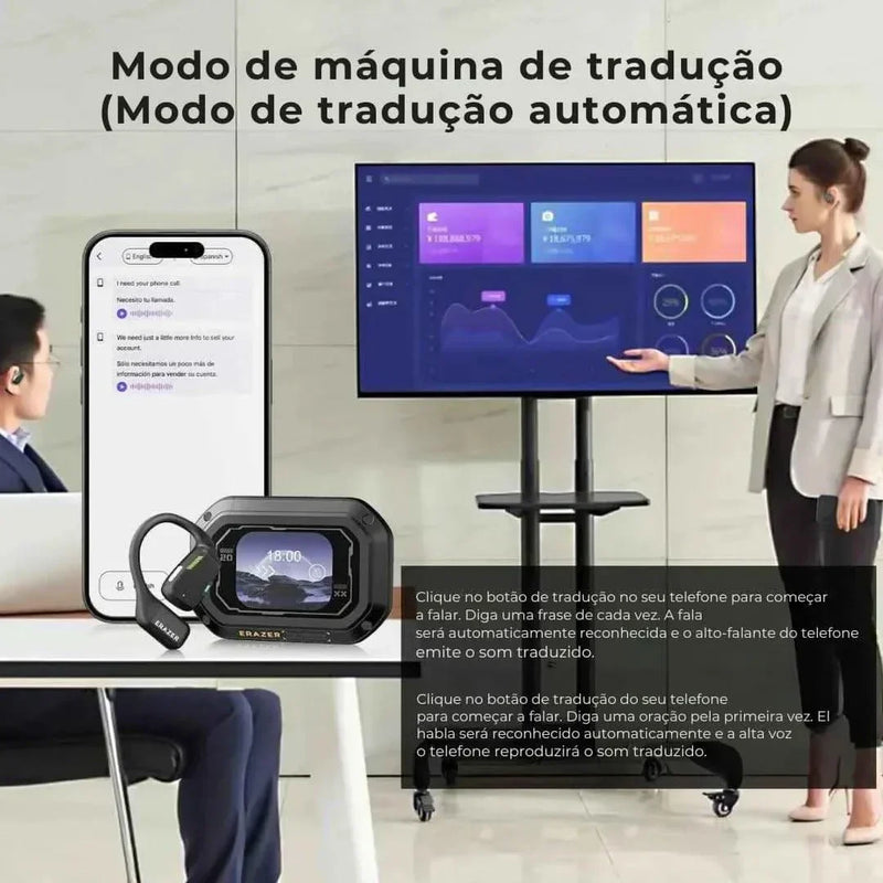 Fone Tradutor Bluetooth Erazer Ear Hook for real-time translation and Hi-Fi audio.