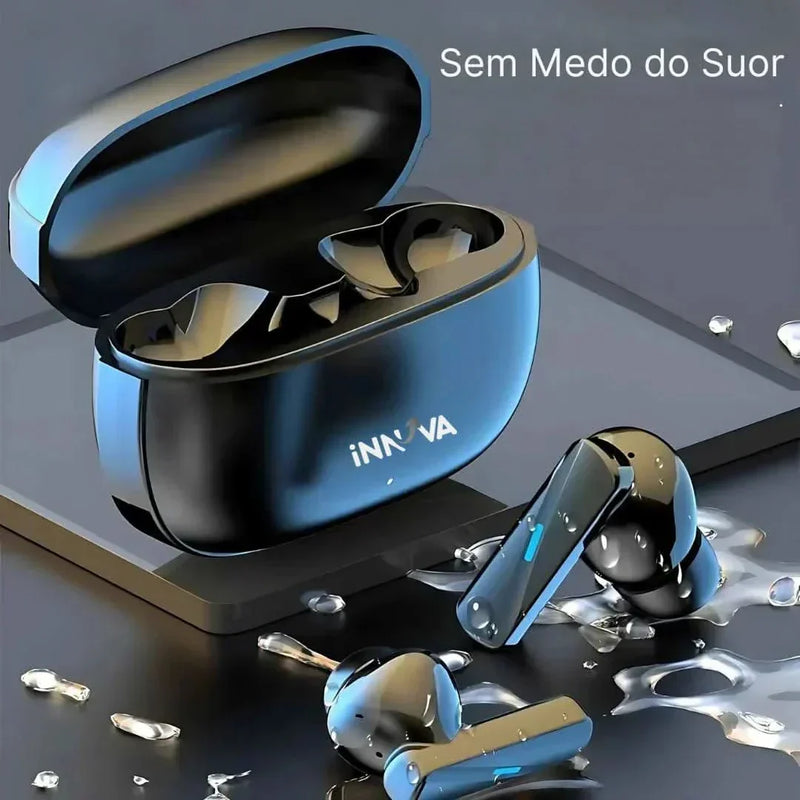 Fones de ouvido com áudio 9D AeroSound Innova, resistentes à água e suor, design ergonômico.