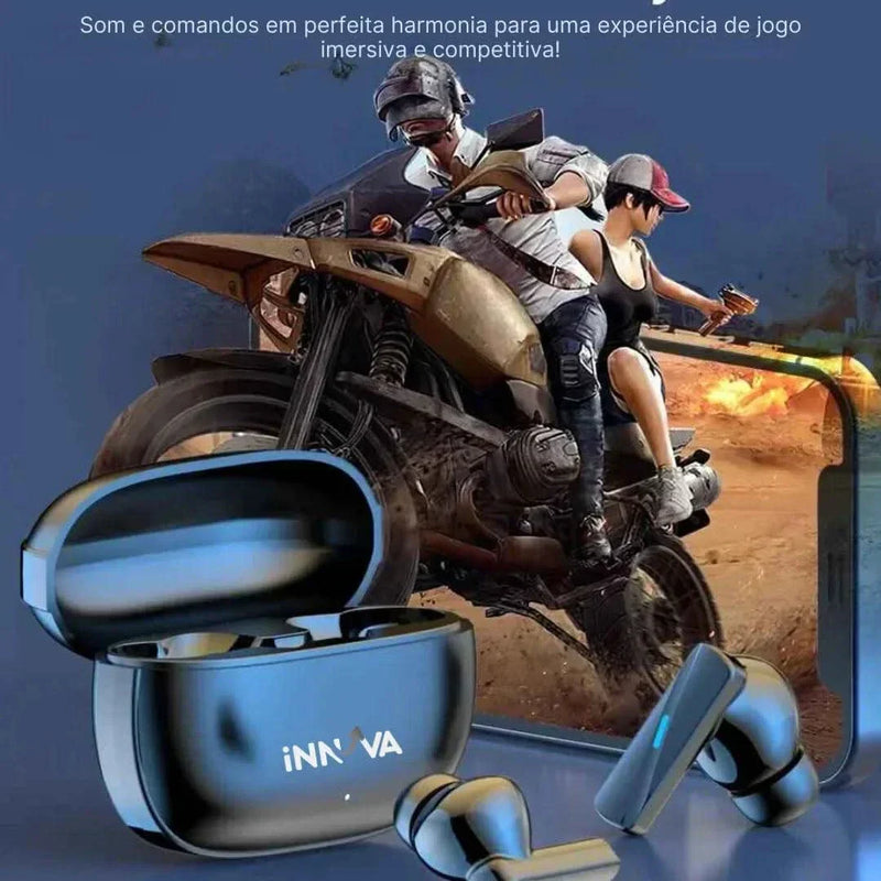 Fones de ouvido 9D AeroSound Innova, som imersivo, tecnologia Bluetooth 5.3, resistência à água e suor, design ergonômico.