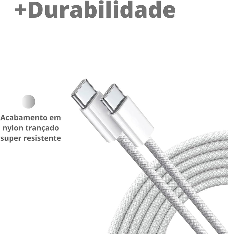 Kit Carregador turbo 40W tipo C com cabo trançado branco resistente.