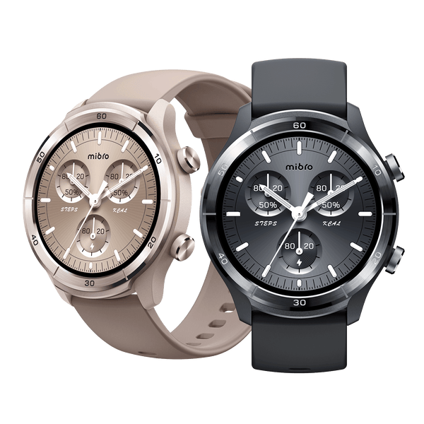 Mibro A3 smartwatch with HD display and aluminum bezel in beige and black bands.