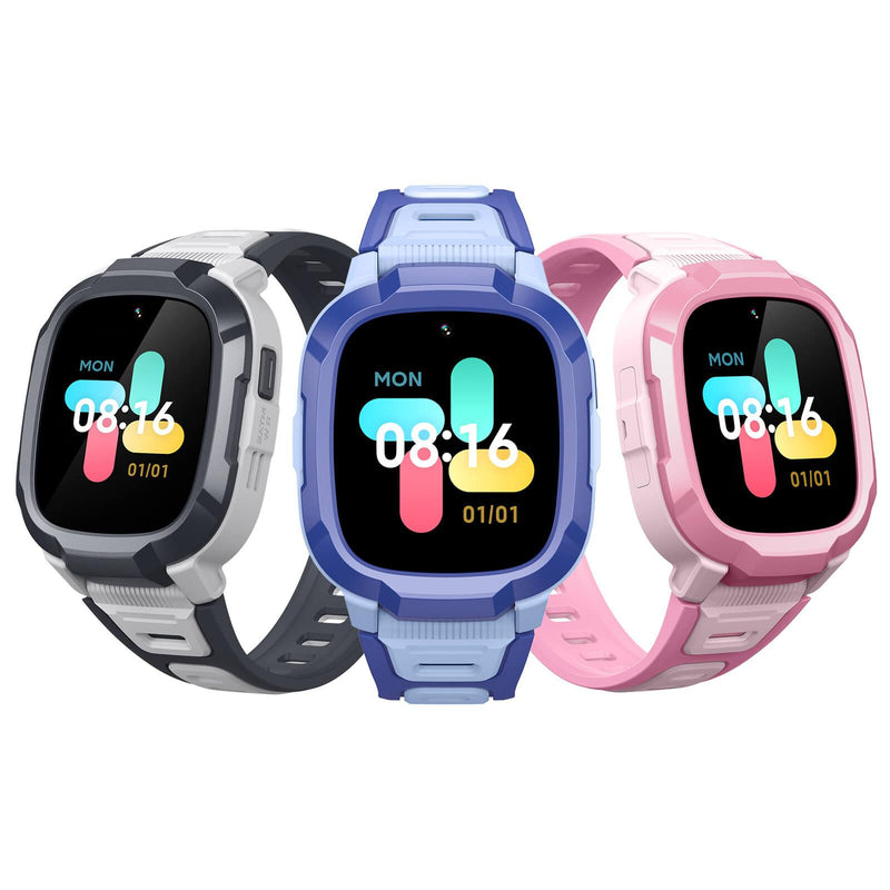 Mibro Kids P6 smartwatch in blue, black, and pink, featuring video calls, long battery life, waterproof design, and sports modes.