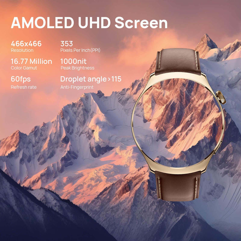 Smartwatch Mibro Lite 3 Pro with AMOLED UHD screen and brown leather strap displaying mountain scenery background.
