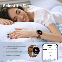 Mibro Lite 3 Pro smartwatch worn by a woman in bed, highlighting scientific sleep monitoring features.