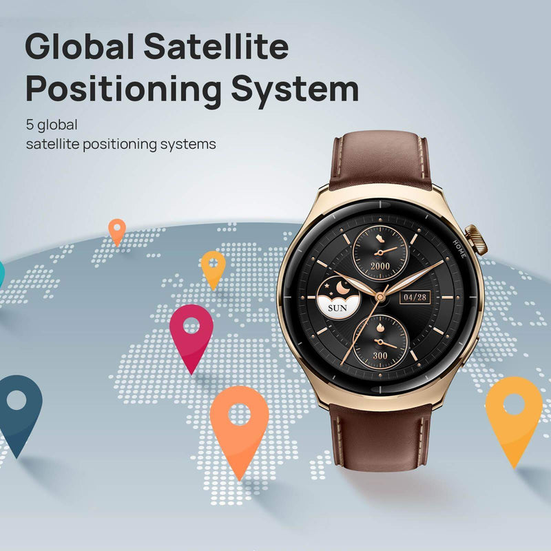 Smartwatch Mibro Lite 3 Pro with global satellite positioning system displayed over a world map background.