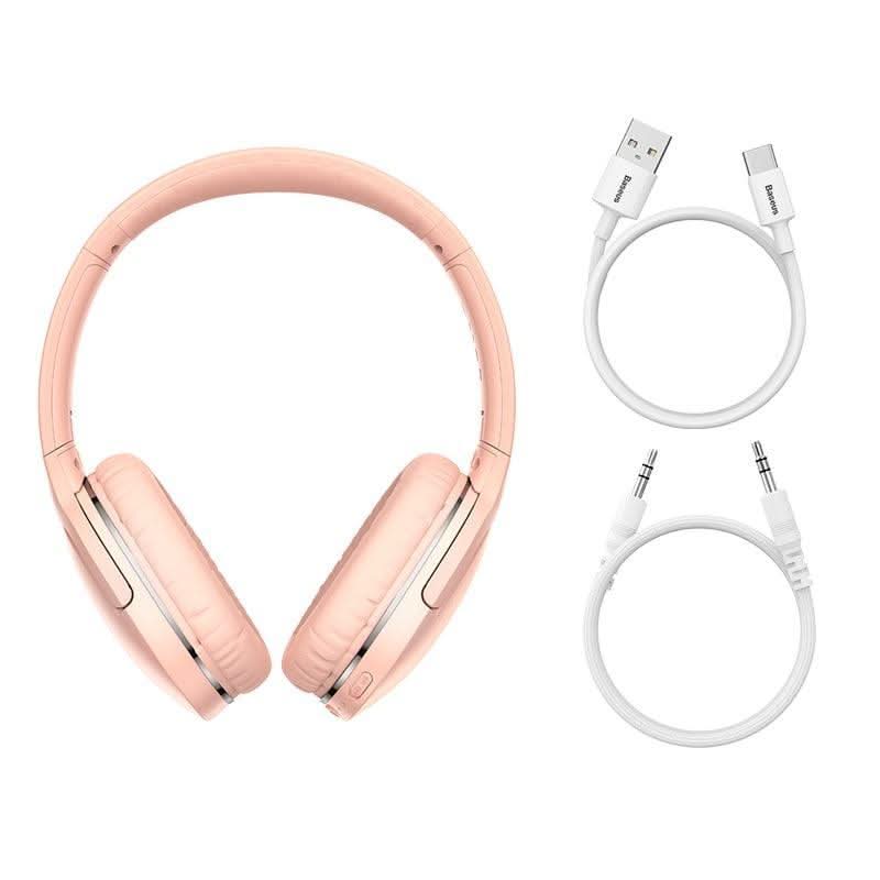 Headphones Baseus Pro Wireless Sport, pink design, with detachable audio and charging cables.